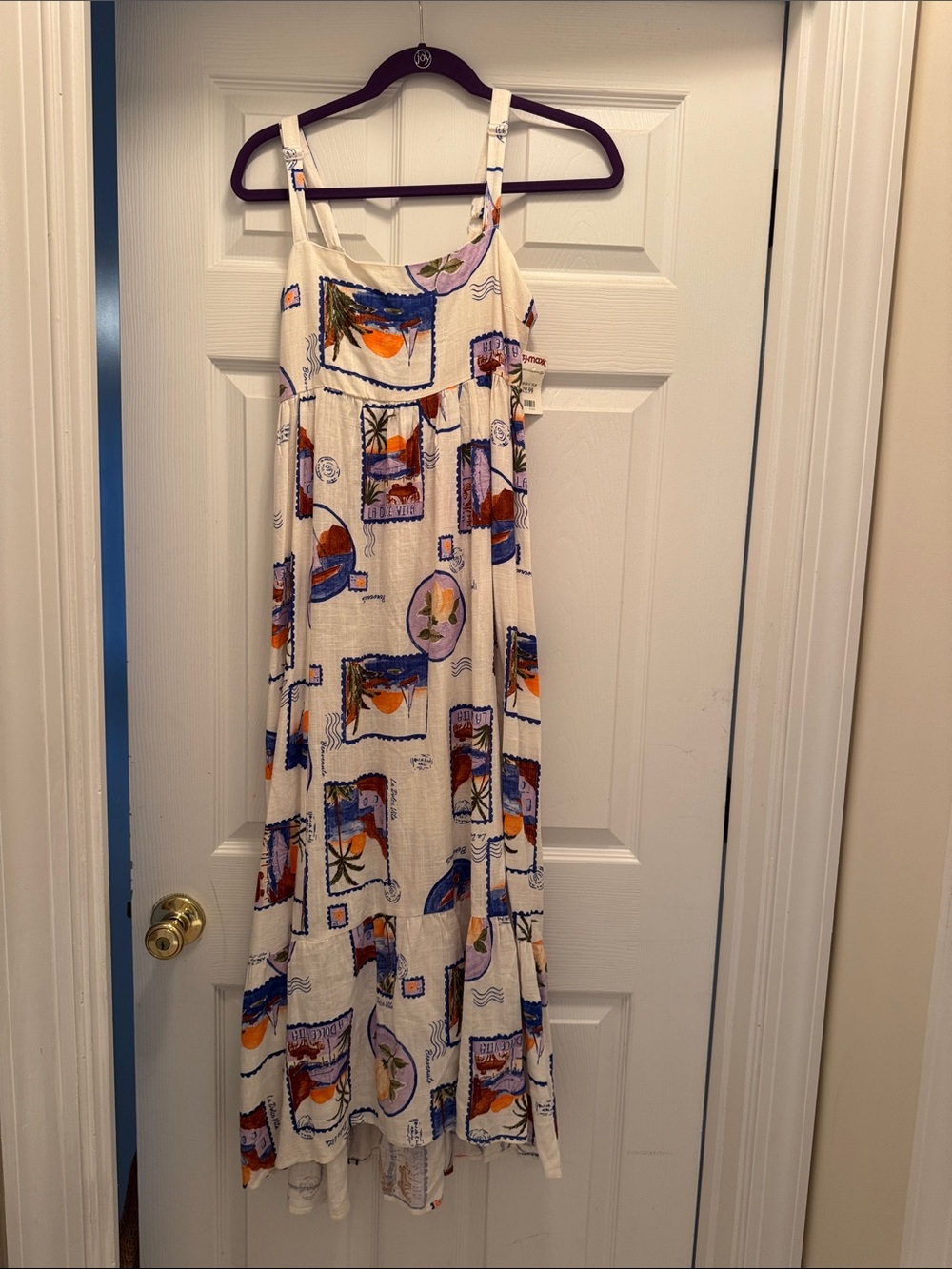 Dolce Vita White Maxi Dress with Orange & Blue Motif